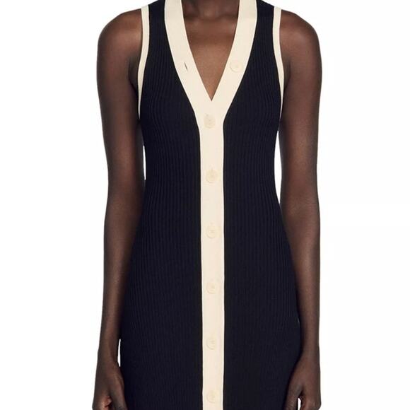 SANDRO Black White Ribbed Knit Beige Button Placket Gabriel Maxi Dress Size 38 - Picture 7 of 16